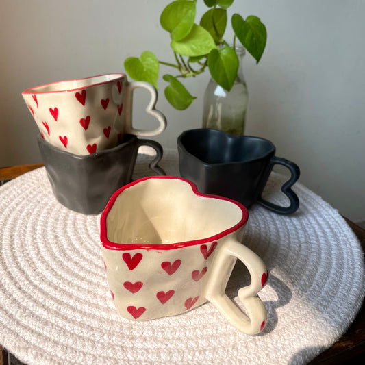 Shape of heart mug combo (red hearts & black) Set of 2