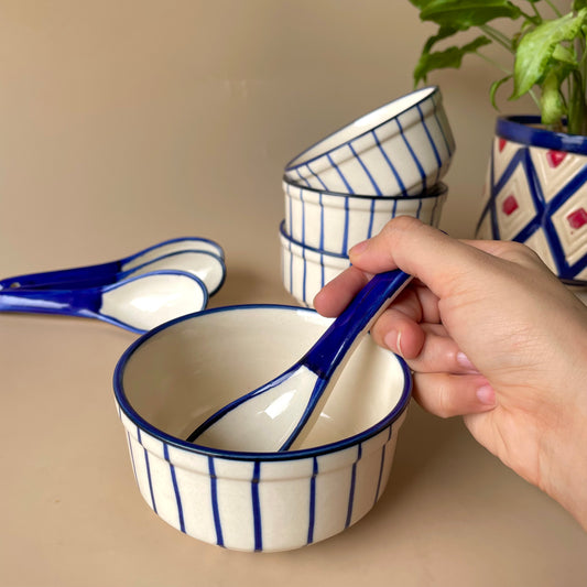 Blue stripes soup bowl with spoon