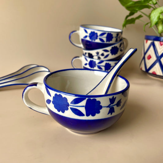 Blue floral soup cup with spoon